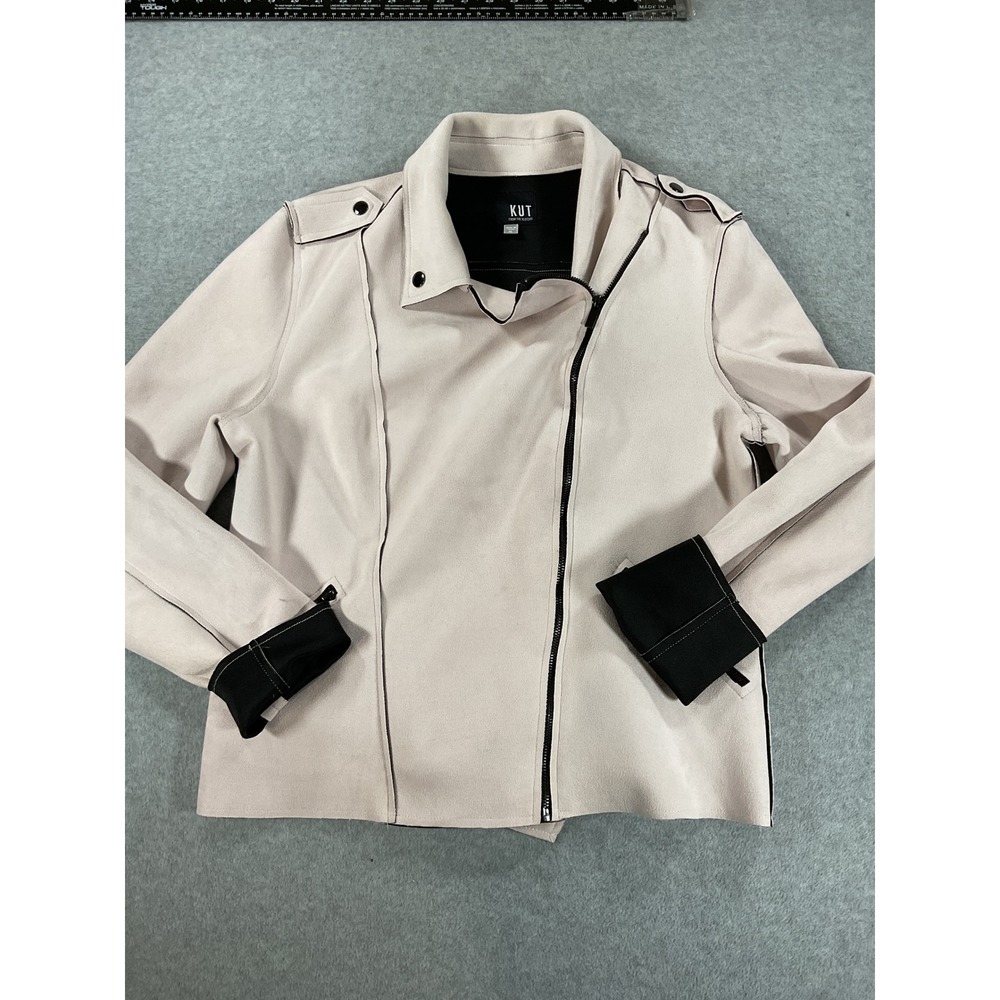 KUT from the Kloth Faux Suede Moto Jacket Beige Asymmetrical Zip XL 2834
